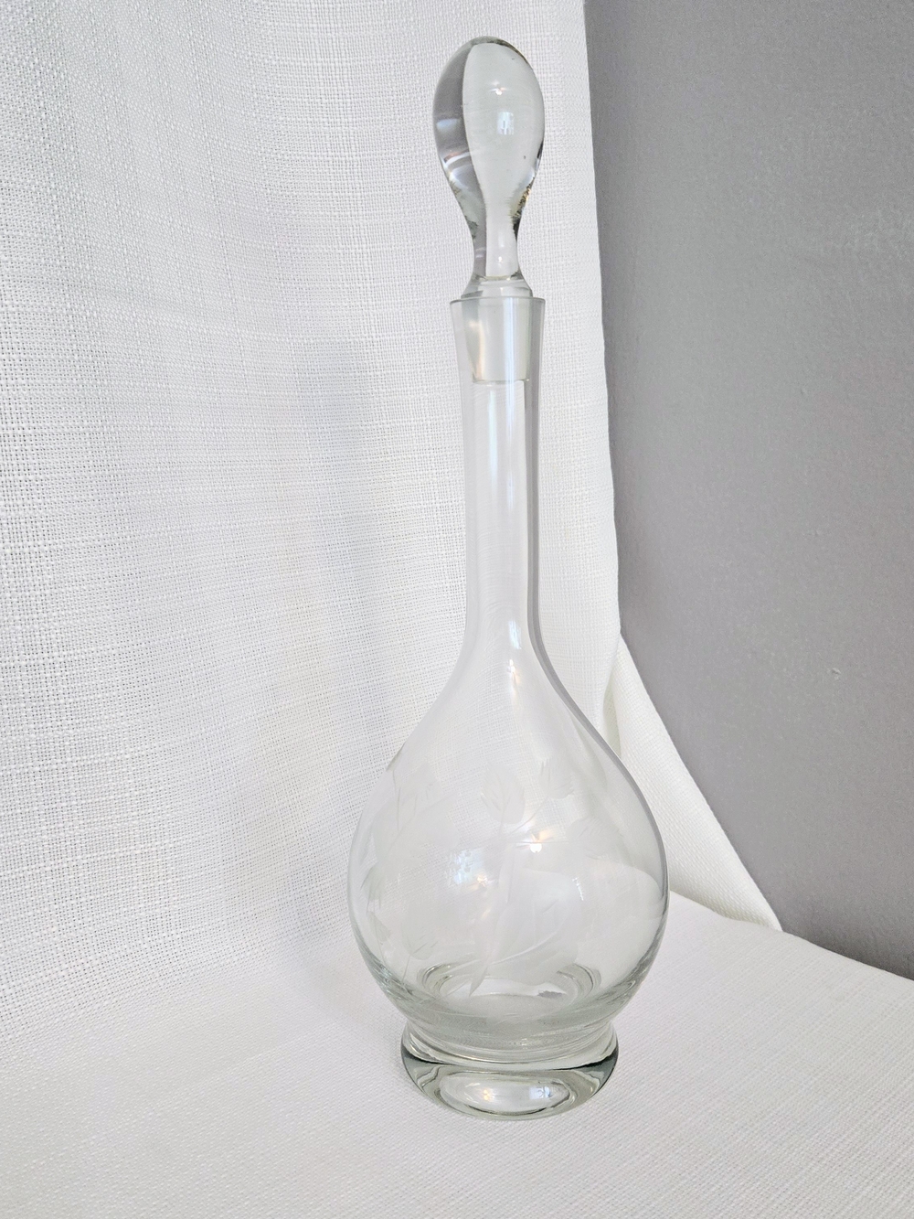 Wine Crystal Decanter & Stopper Floral Etched 15" Glass Liquor Barware Elegant